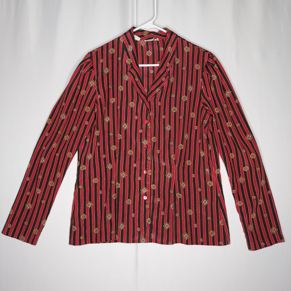 Anne Klein Vtg Button Collar Blouse 14 Red Stripe Medallion Steampunk Old Money